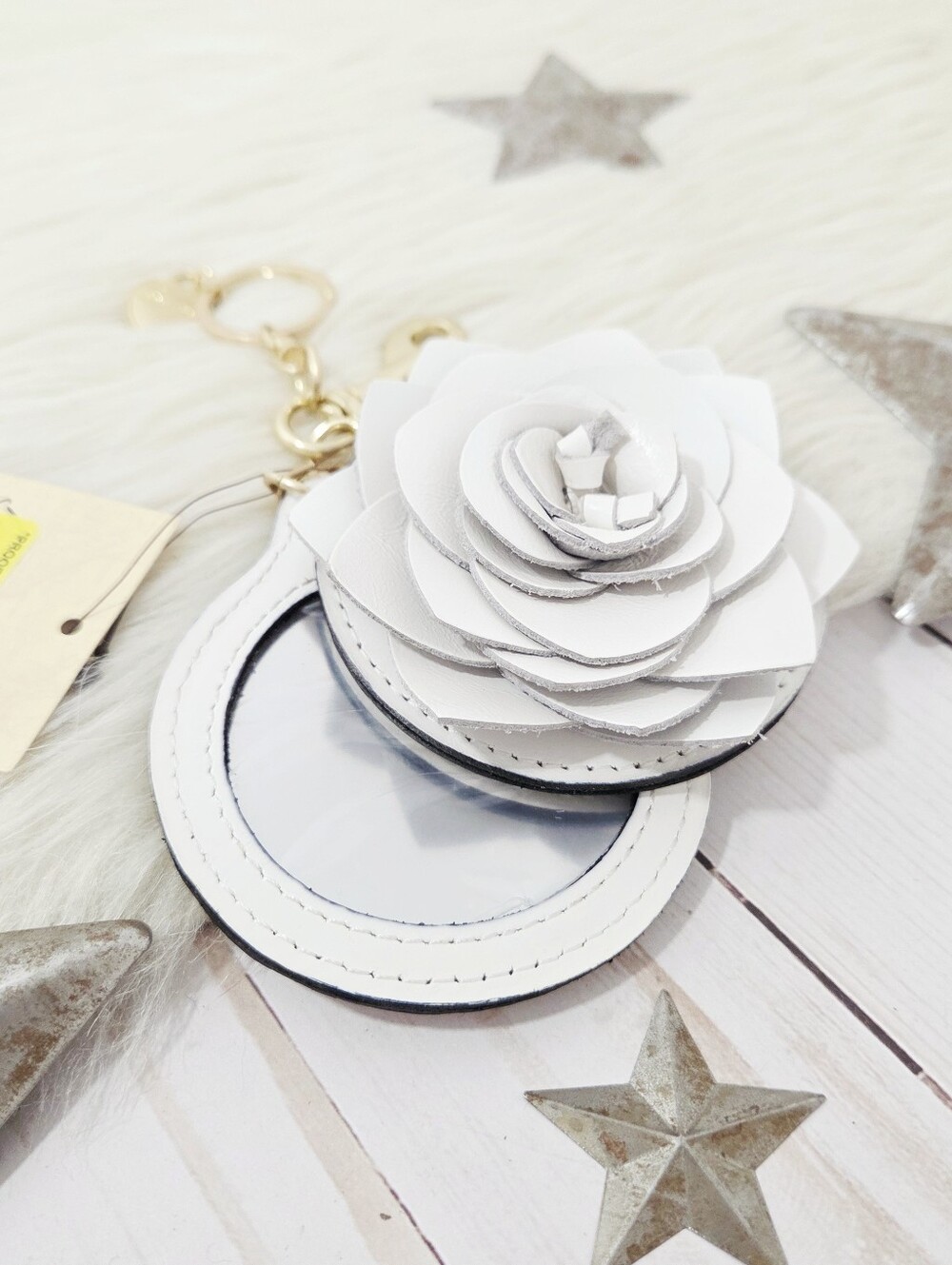 Patricia Nash Rose Mirror Bag Charm white leather rosette fob hang off new NWT